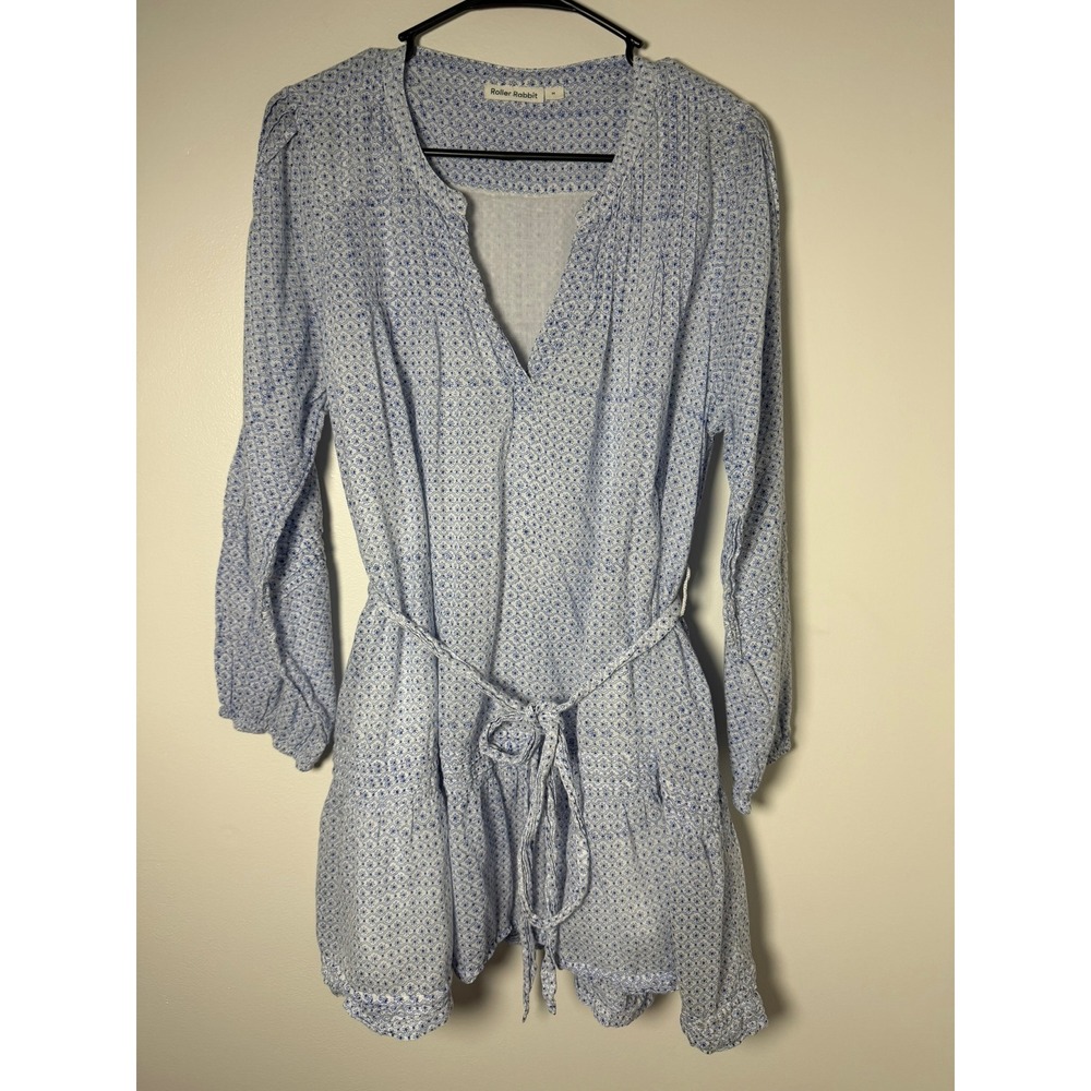 Roller Rabbit Blue White Cotton Block Print Tunic Dress Long Sleeve V-Neck MD